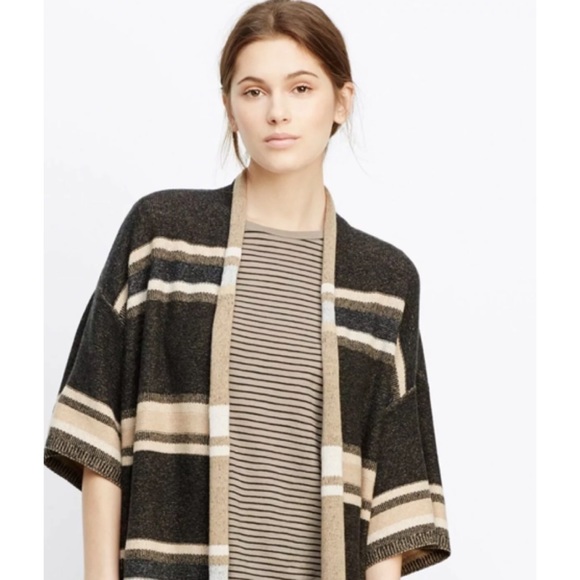 Vince Wool Cashmere Long Open Cardigan Sweater Size Small Black Tan Striped - Picture 2 of 13